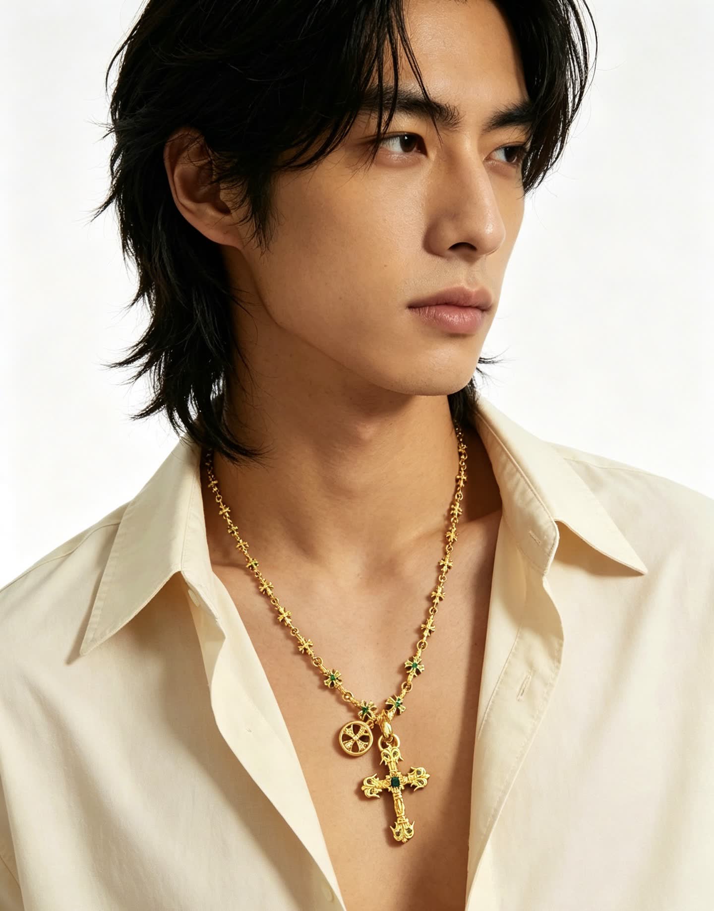 Chrome Hearts Gold Cross Pendant Necklace with Emerald Accents